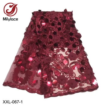 

African Sequins Lace Fabric 2019 Nigerian French Tulle Lace with 3D Flower Beaded Lace Fabric for Dress XXL-067