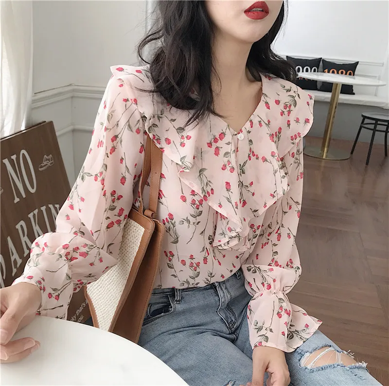 Autumn Flower Printed Long Sleeve Women Blouses And Shirts Female Ladies Chic Elegant Shirt Tops Ruffled Casual Blusas Blouse