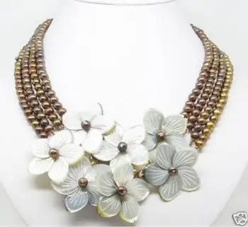 

4 Rows 6-7mm Chocolate pearl MOP flower Shell necklace a(5.18)