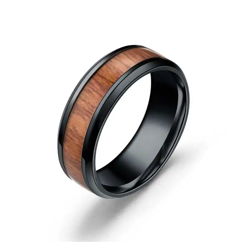 8mm Stainless Steel Ring Real Brown Koa Wood Inlaid High Polished Sieve Wedding Ring Men Women wedding rings finger rings womens ring jewelry rings ring jewelry couple rings