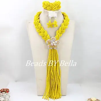

Latest Fashion Yellow African Wedding Beads Jewelry Set Nigerian Crystal Beads Necklace Women Jewelry Set Free Shipping ABY406