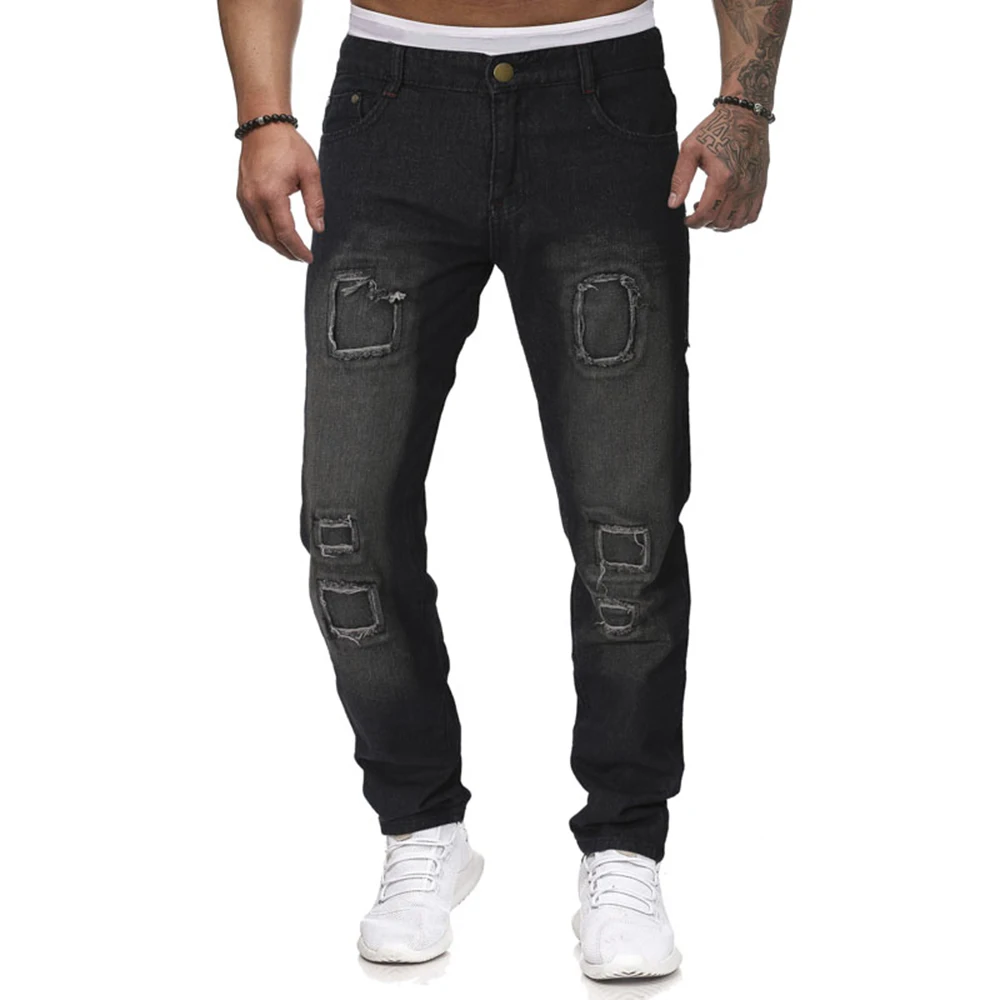 2019 весенние мужские повседневные джинсы карман и отверстия украсить джинсы молодежи полная длина джинсовые мужские Брюки Большие размеры