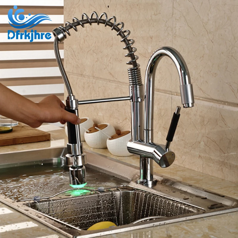 Buy Double Spouts Kitchen Sink Faucet LED Pull Down
