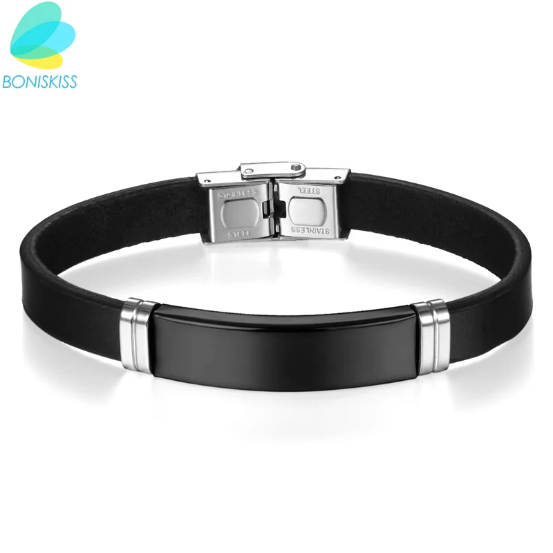 Boniskiss Hot Sell Fashion Luxury Brand Jewelry Men Black Leather Bracelet Fine Jewelry Stainless Steel Bracelet For Women