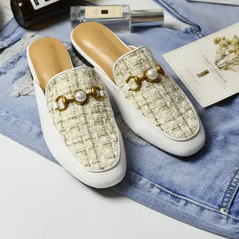 

Women's Slippers Outside Summer 2019 Pearl metal chain mules shoes zapatos de mujer ladies slippers outdoor slippers