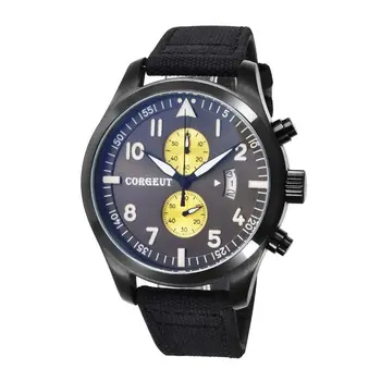 

Corgeut HOT 46mm black PVD Case black plus yellow dial Full QUARTZ Chronograph Mens quartz date water resistant wristwatches
