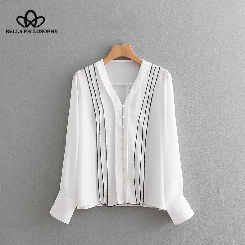 Wonder 2018 new vintage black edge decoration white chiffon smock shirt blouses women  v neck buckles chic femininas blusas tops
