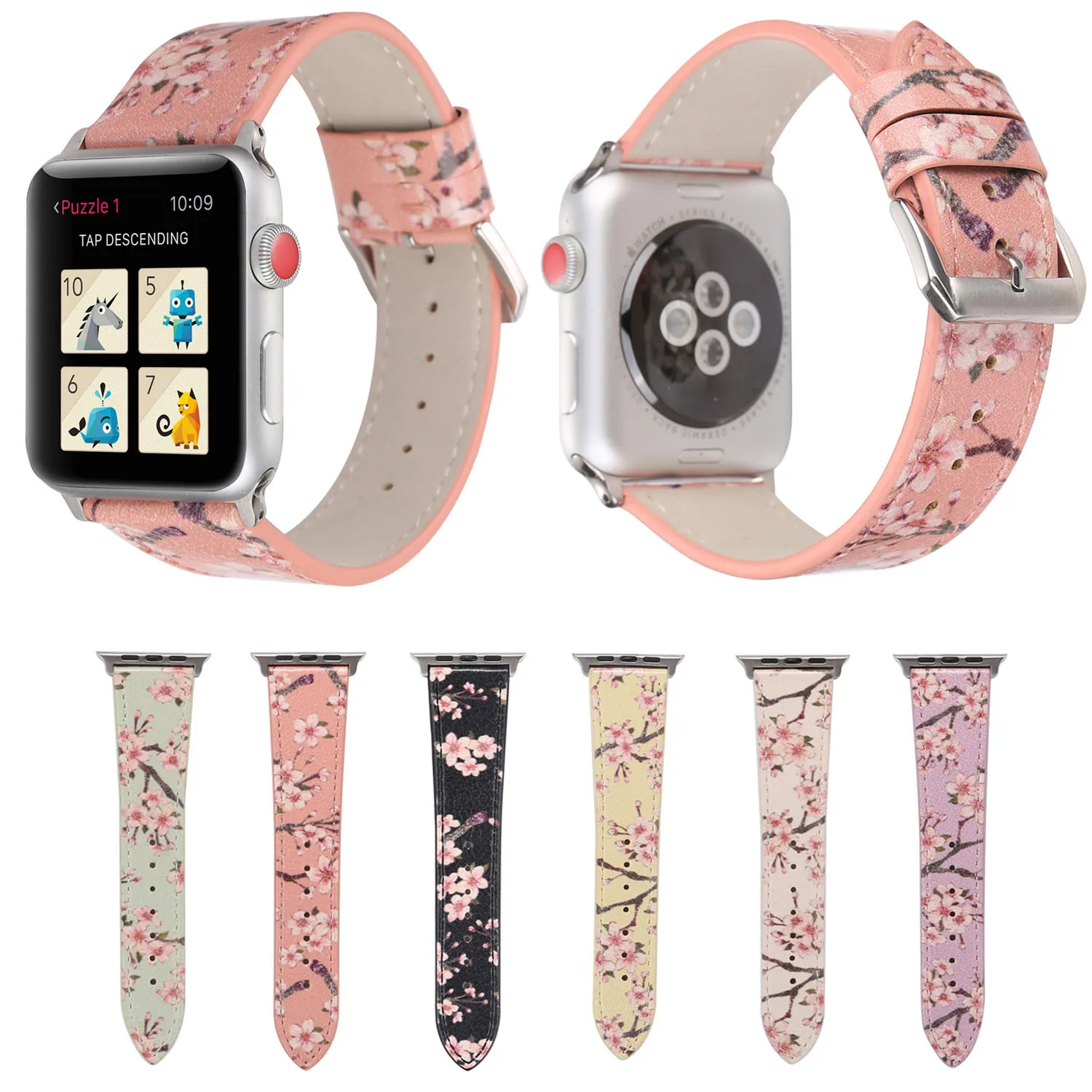 Floral Printed Leather Strap for Apple Watch Series 1/2/3/4/5/6 Band 44mm 42mm 40mm 38mm Plum Flower Design Wrist Watch Bracelet