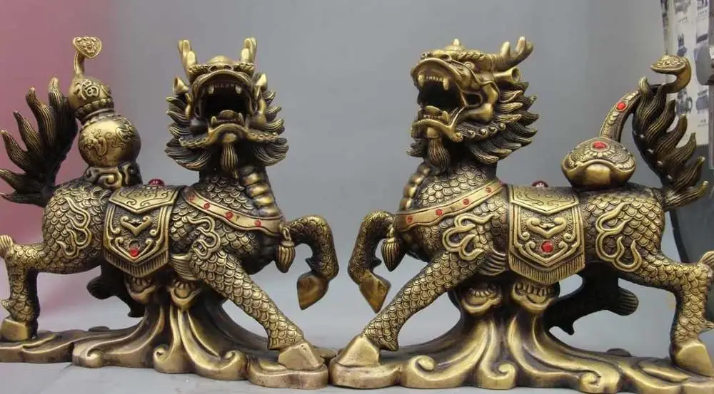 

China Copper Bronze Feng Shui Ruyi Gourd Kirin Unicorn kylin Foo Dog Lion Statue
