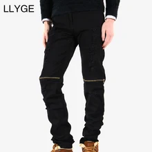 

LLYGE Hi-Street Mens Knees Zipper Jeans Motorcycle Slim Fit Washed 2018 Male Regular-fit destroyed cotton denim jean