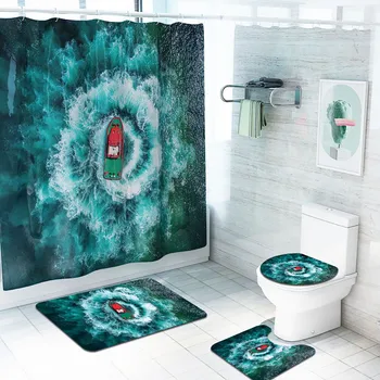 

4PCS Abstract Waterproof Non Slip Toilet Shower Curtain Polyester Cover Mat Set Bathroom Shower Curtain Toilet Cover Bath Mat