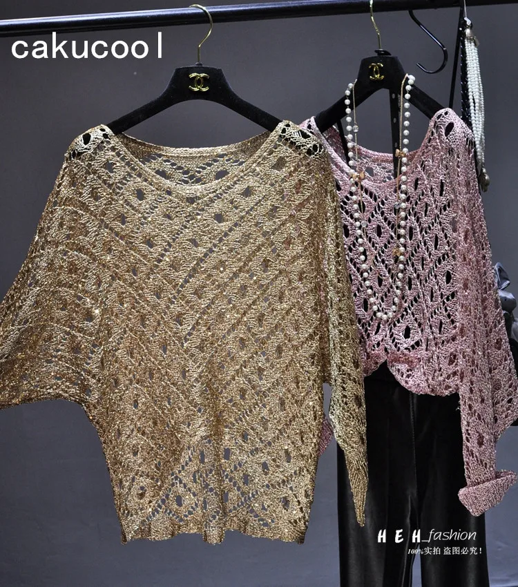 Cakucool New Gold Lurex Knit Blouse Loose Sequined Batwing Long Sleeve Pullover Spring Bling Hollow Out Holes Top Shirt Feminino