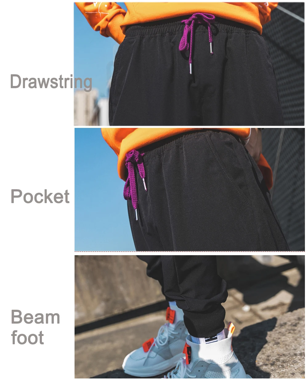 Casual Men Cargo Pants Cotton Polyester Drawstring Pockets Hip Hop Creamy-White Black Men Full Length Fashion Joggers Trouser