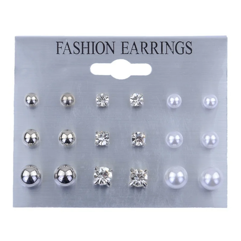 

New 9 Pairs Crystal Pearl Stud Earrings Piercing Gold Color 2016 Fashion Earrings For Women Bijoux Jewelry Brincos