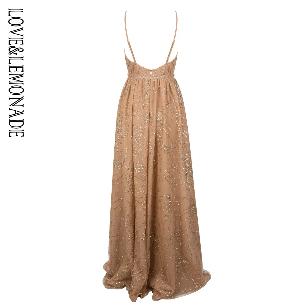 Любовь и лимонад. Золотое длинное платье с v-образным вырезом из двух частей LM1065