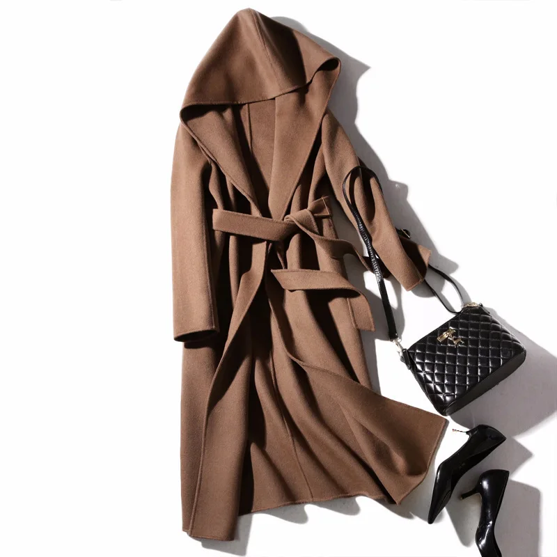 

Women Wool Blend Coat Slim Belt 85% Wool 15% Cashmere Hooded Design Solid Belt High Quality Slim Coat England Style New Fishion
