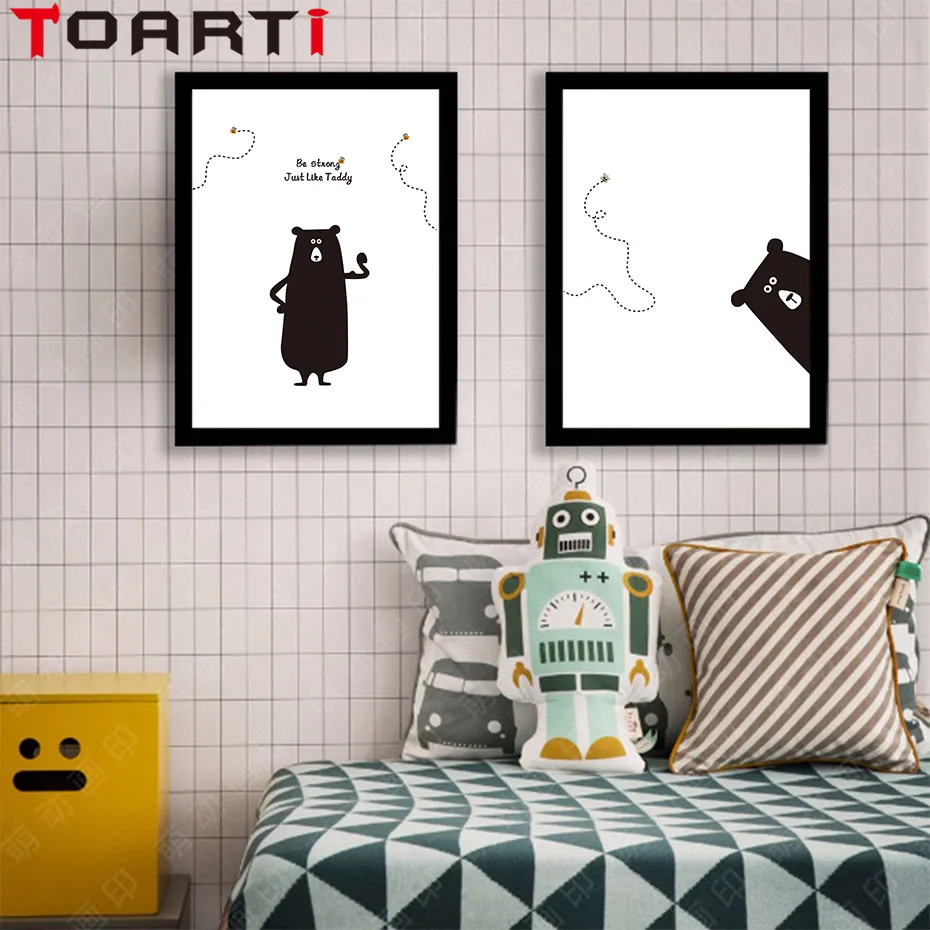 Minimalis Kartun Hewan Beruang Hitam Putih Canvas Art Print Lukisan