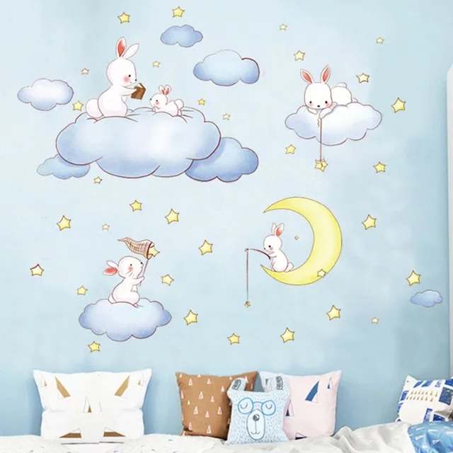 Y dibujos animados animales nubes blancas conejo estrella Luna pared