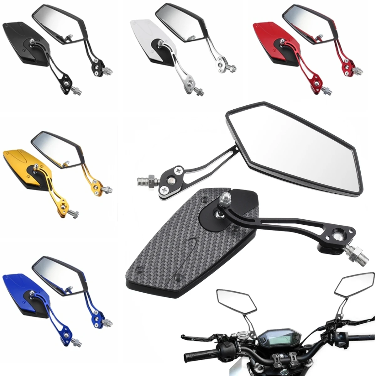 

for Honda for Suzuki Pair Motorcycle Motorbike Aluminum Rod Rearview Side Convex Mirrors Gold/White/Carbon/Red/Blue/Black