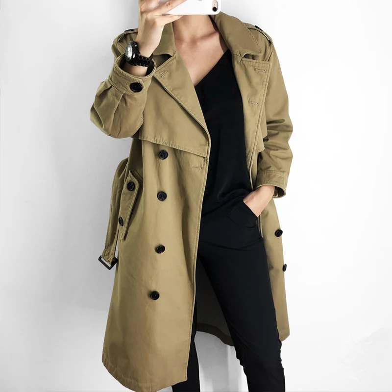 

autumn and winter women's windbreaker casual solid color belt decoration double-breasted windbreaker