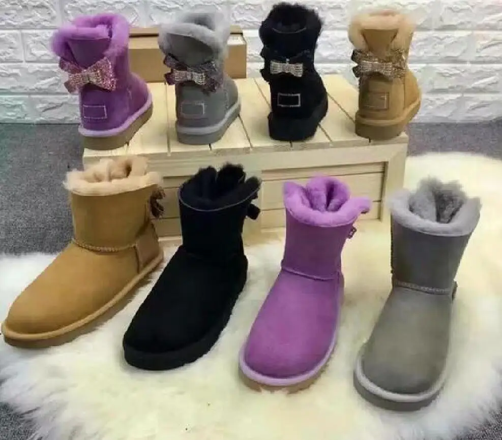 

2019 new Australian women snow boots Middle tube fashion real cow leather warm cotton shoes Bowknot drill snowshoe size US4-13