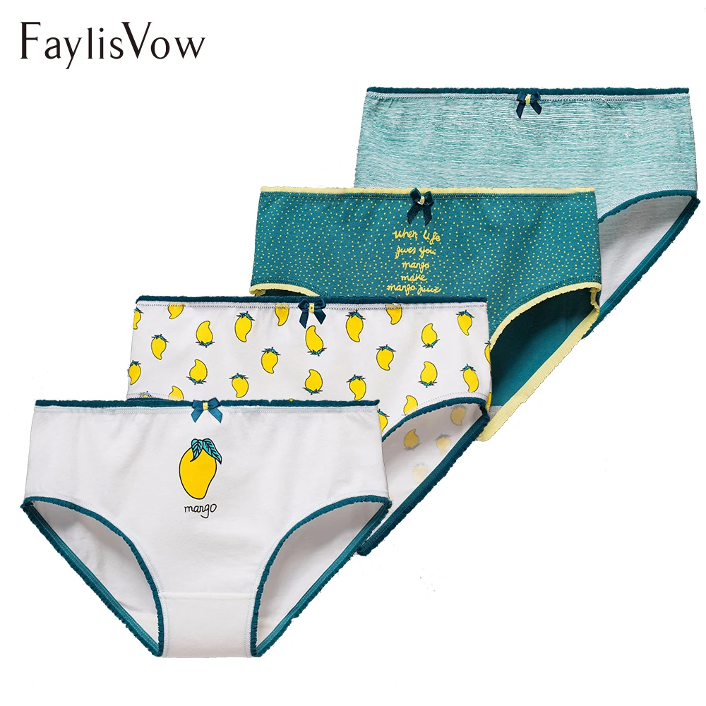 4Pcs/Lot Bow Low Rise Soft Cotton Brief Girls Summer Cute Mango Printed Underwear Women Sexy