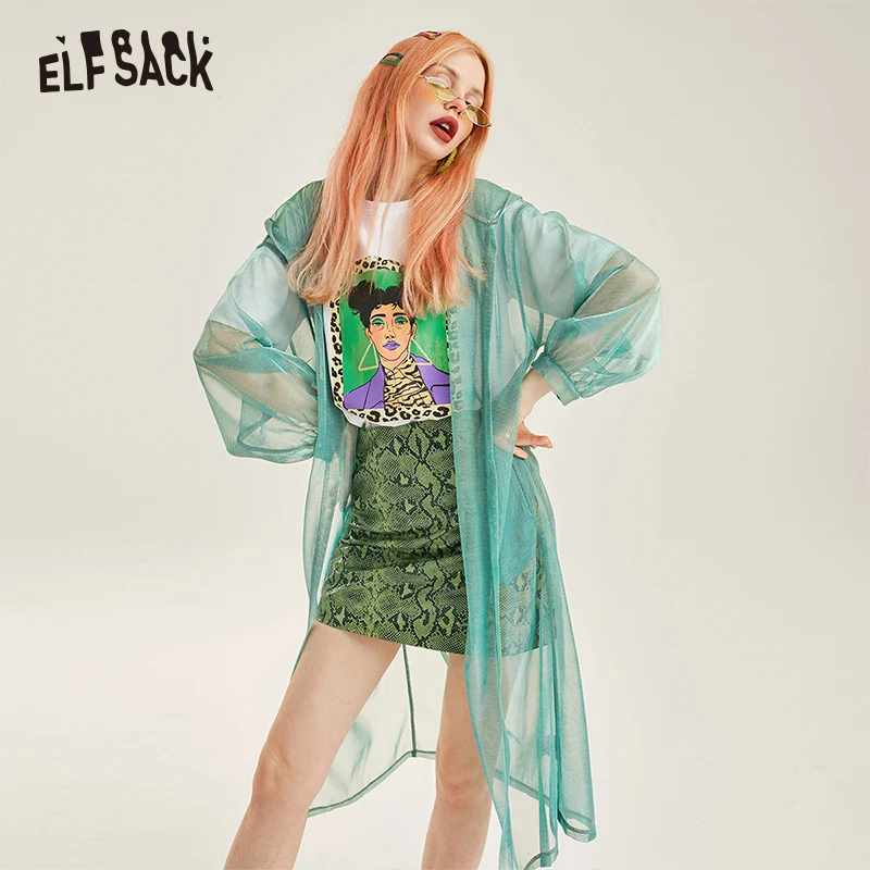 

ELF SACK Mesh Casual Knitted Sun-Protective Coat 2019 Summer Fashion Streetwear Hooded Outwear Female Korean Solid Clothing
