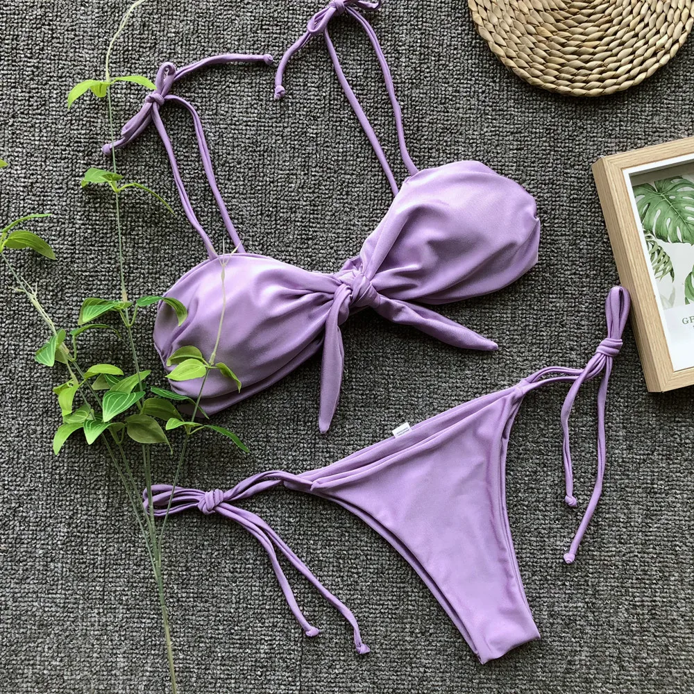 Purple Bow Knot Bikinis Monokini Bandage Micro Brazilian Bikini Set Bathing Suit Women Bandeau Swimwear Tie Front Swimsuit 2019