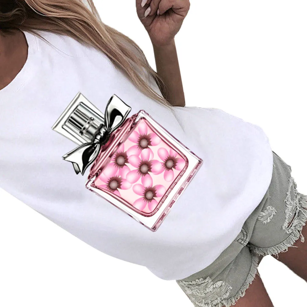 Womens Short Sleeve blusas Fashion Perfume Bottle Print T Shirt blusas