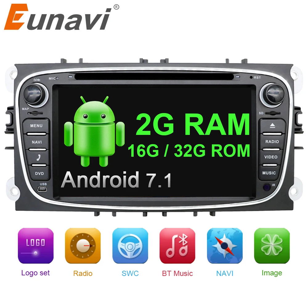 Eunavi 2 din Android 7.1 Quad Core Car DVD Player GPS Navi for Ford Focus Galaxy with Audio Radio Stereo wifi Head Unit 1024*600
