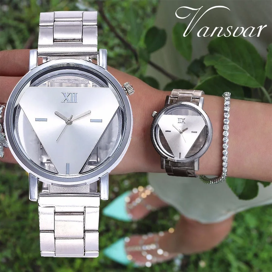 

Unisex Fashion Skeleton Triangle Dial Watch Women Stainless Steel Hollow Quartz Watch Vansvar Brand Relogio Feminino Hot