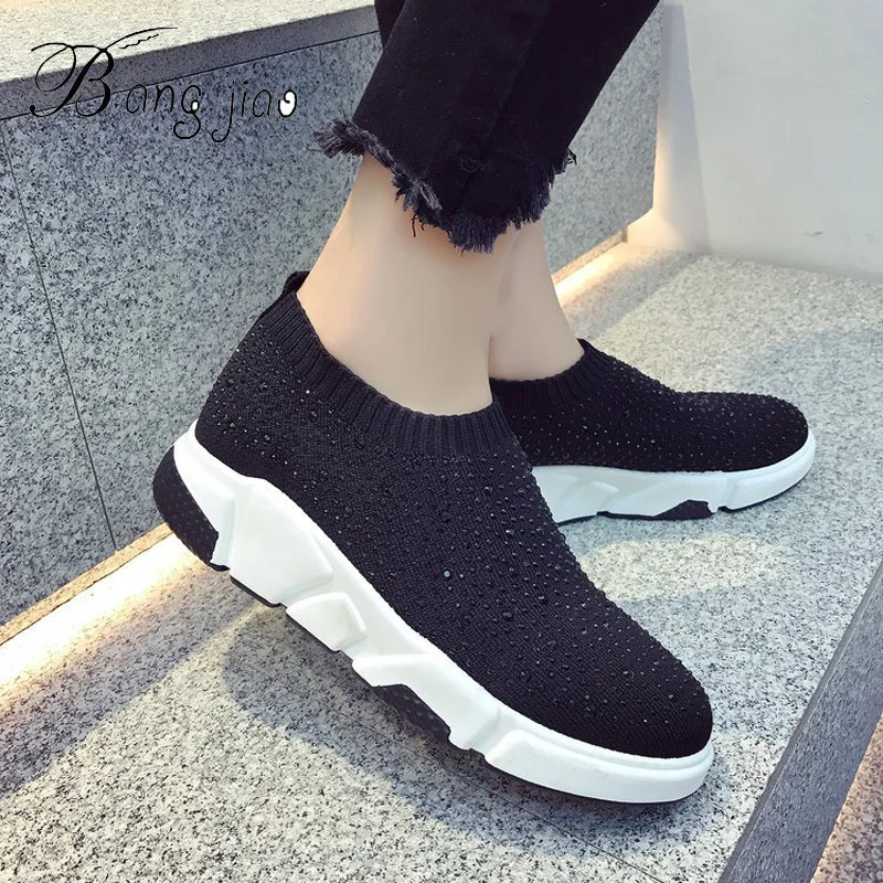 New 2018 Spring 4.5cm Hidden Heels Shoes Woman Fashion Rhinestone Slim Casual Shoes Ladies