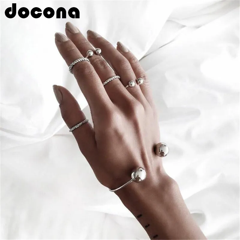 

docona Punk Silver Color Ball Open Adjustable Bracelet Bangle Ring Set for Women Girl Knuckle Midi Ring Set Jewelry Set 3859