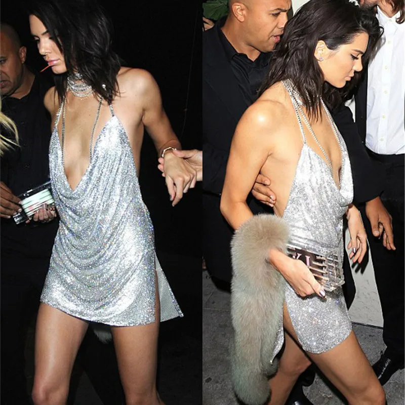 2018 пикантное металлическое вечернее платье Kendall Jenner сексуальное без рукавов с