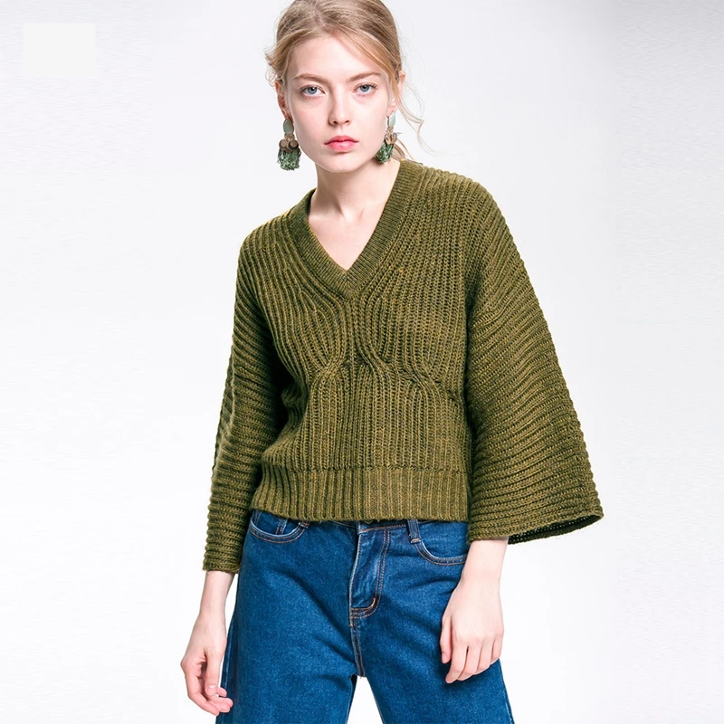 Fall retro England style women sweater pullover V neck loose wool