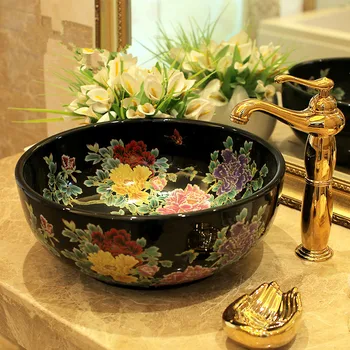 

Europe Vintage Style Ceramic Washing Basin Bathroom Counter top Bathroom Sink peony wash basin Bath Sink