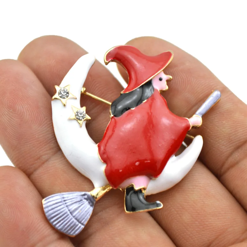 Women Fashion Enamel Halloween Witch Besom Broom Moon Star Brooch Pin Christmas Jewelry Gift Accessory | Украшения и аксессуары