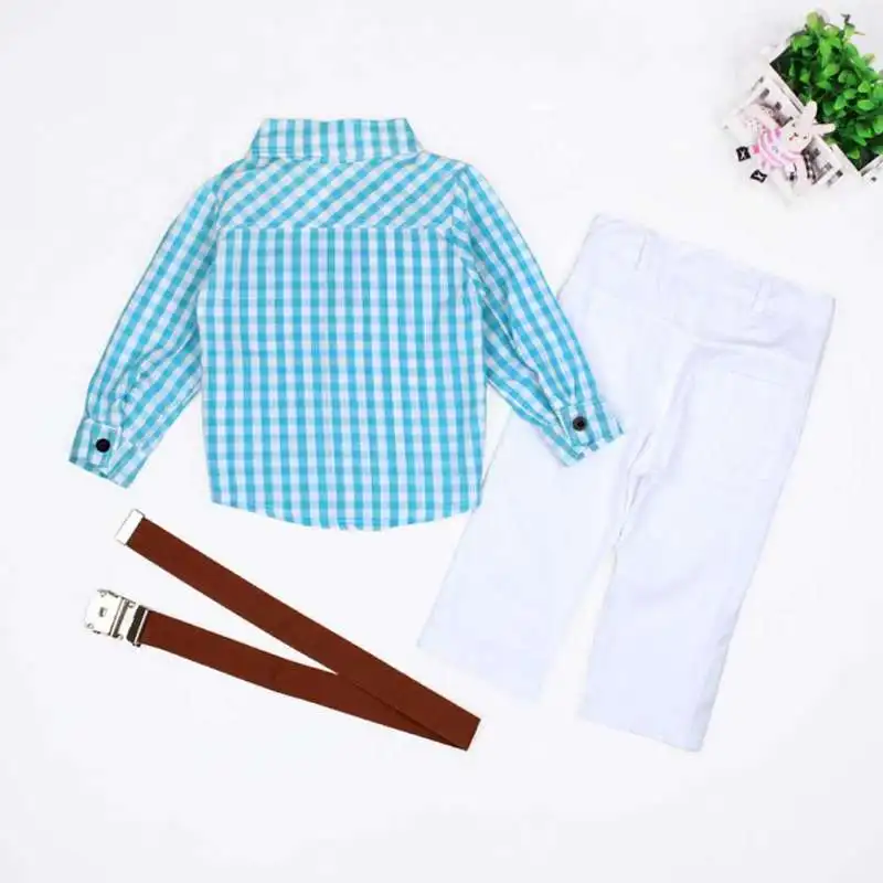 Aby/Одежда для мальчиков г. Весенний костюм в клетку для джентльменов рубашка с галстуком-бабочкой для новорожденных+ брюки+ ремень, 3 предмета