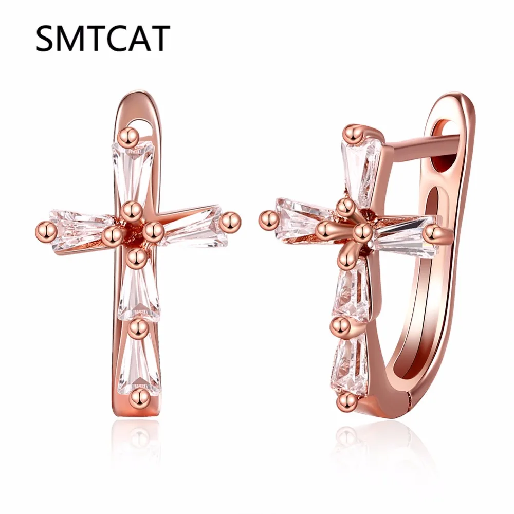 

SMTCAT Christmas Gift Silver/Rose Gold Color Small Hoop Earrings Women Cross Loop Austrian Crystal Fashion Zircon Charm Jewelry