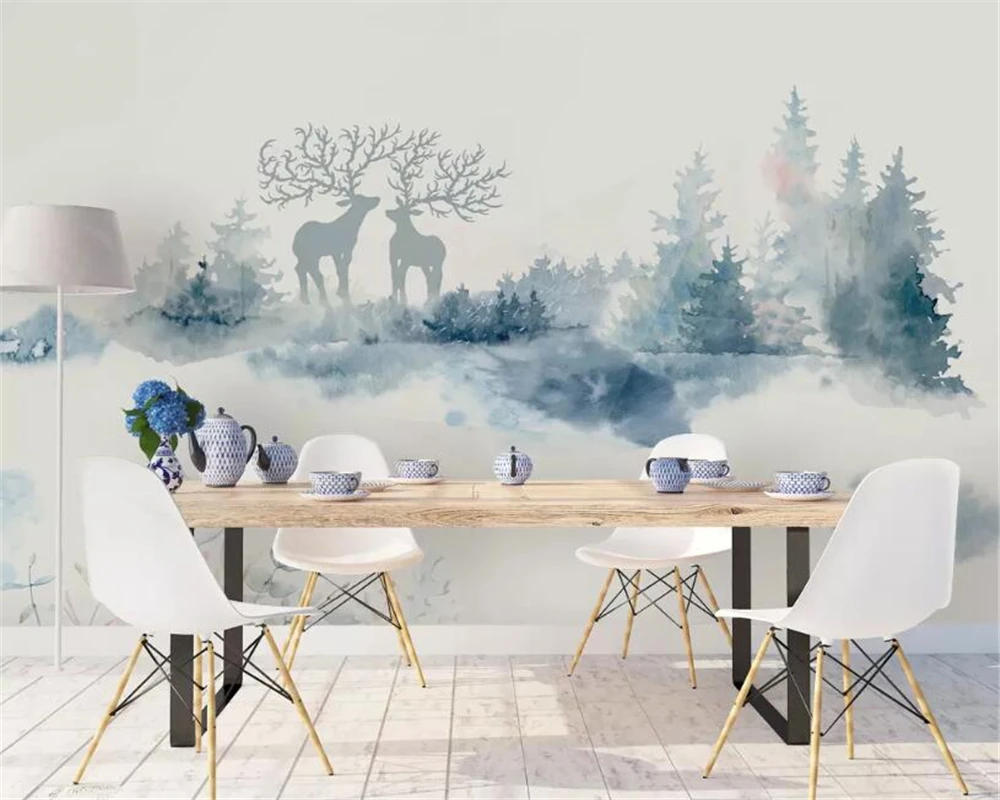 

Beibehang Modern home background wall 3d wallpaper high quality blue Ink mountain view forest elk photo 3d wallpaper tapety