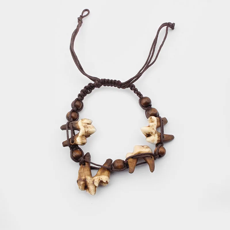 

1pcs Tibetan Tribal Brown Real Yak Bone Wolf Tooth Teeth Bracelet Adjustable Cotton Cord With Wood Beads Jewelry Findings