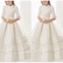 Платье для первого причастия, платья для девочек из атласа в Имперском стиле, с коротким рукавом, верхний край декорирован кружевом для девочек в цветочек, держащих букет невесты на свадьбе, платья для девочек, платье для торжеств