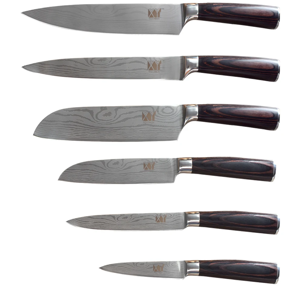 

XYj 7Cr17 Stainless Steel Kitchen Knives Damascus Pattern Stainless Steel Knives Set Cooking Tools Kitchenware Color Wood Handle