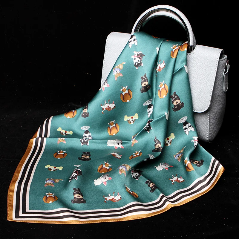 

Luxury Silk Hair Scarf For Women Cartoon Printed Green Pink Neck Scarfs Female 53*53cm Kerchief Headband Scarves For Ladies 2019
