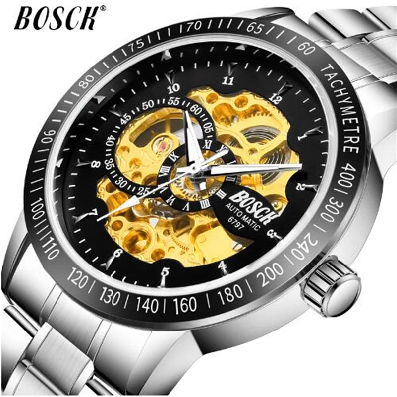 

BOSCK Automatic Mechanical Watch Men Top Brand Luxury Skeleton Watch Stainless Steel Waterproof Men's Watch Clock Reloj Hombre