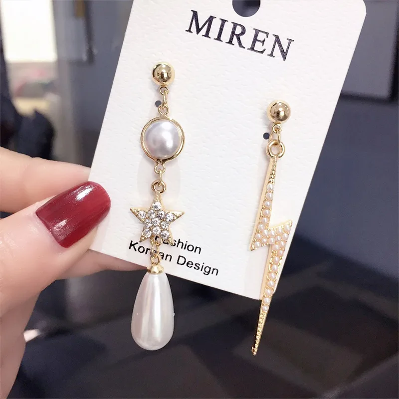 

JCYMONG New Fashion Design Korean Earrings Asymmetry Lightning Star Drop Earrings For Women Simulated Pearl Pendant Jewelry 2019