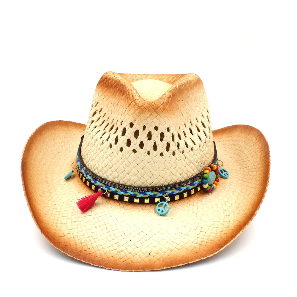 Handmade Weave Straw Women Western Cowboy Hat With Tassel Ribbion Size 58CM - Цвет: C3 CBB