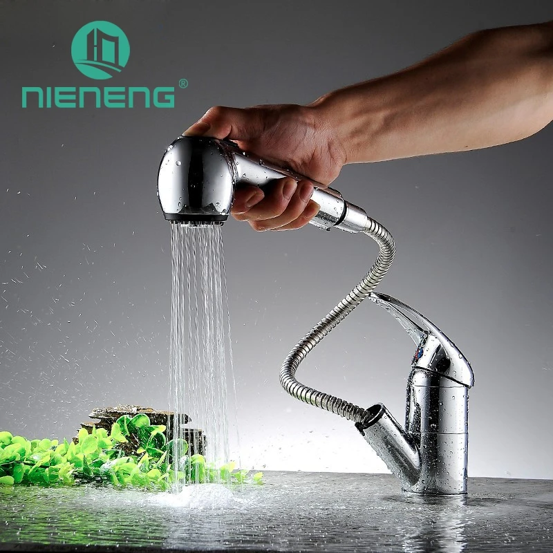 

Nieneng Kitchen Faucet Pull Out Modern Polished Chrome Single Handle Contemporary Swivel Spout Sprayer Sink Faucet ICD60316
