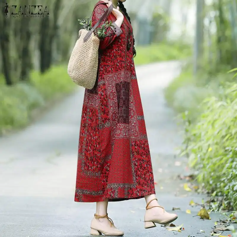 ZANZEA Women Autumn Vintage Floral Printed Long Dress Cotton Linen Sundress Robe Femme Long Sleeve Loose Maxi Vestido Plus Size