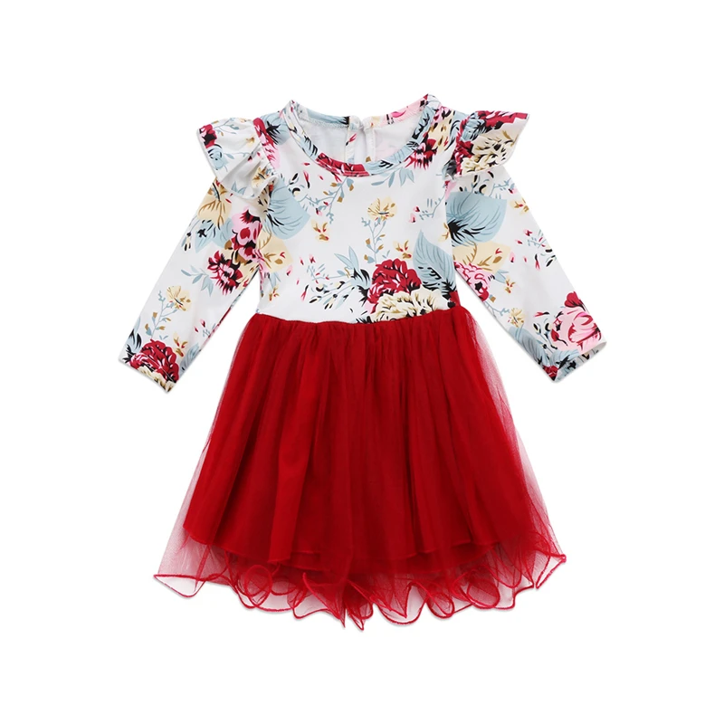 Baby Girl Gown Dresses Newborn Kids Baby Girls Long Sleeve Flower Tulle Dress Kids Patchwork Dress For Girls 2017 New Vestidos